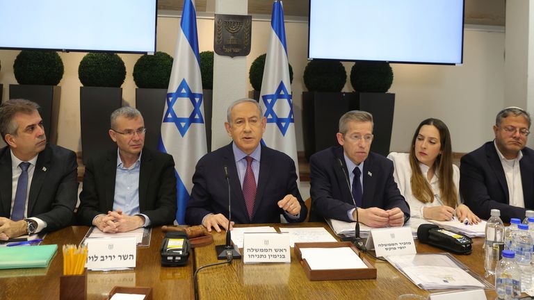 Israeli Prime Minister Benjamin Netanyahu with some members of his cabinet. Pic: AP