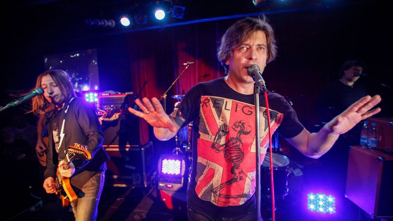 Aleksandr &#39;Shura&#39; Uman, left, and Yegor &#39;Lyova&#39; Bortnik perform during the Bi-2 rock band concert in Moscow, Russia, Thursday, Dec. 1, 2011. Members of the band, which has been critical of the Kremlin&#39;s war in Ukraine, have been arrested in the southern resort island of Phuket for playing without proper working papers. Pic: AP/Pavel Golovkin