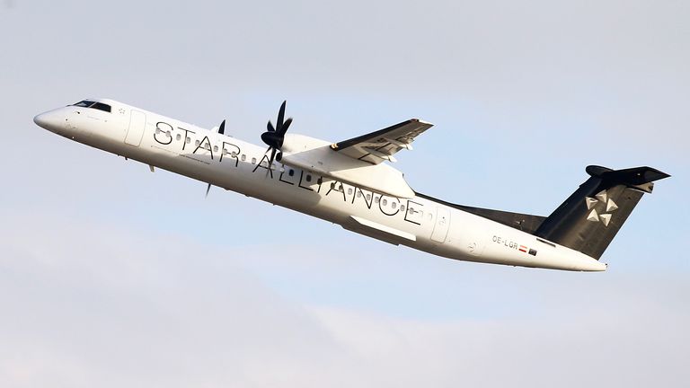 An Austrian Airlines Bombardier Dash 8 Q400 takes off from Zurich Airport on January 9, 2018. Photograph: Arend Wegman/Reuters.