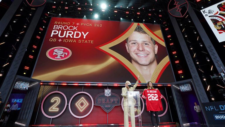 Iowa State quarterback Brock Purdy gets picked as Mr. Irrelevant with the San Francisco 49ers 262nd and last pick of the 2022 NFL Draft on Saturday, April 30, 2022, in Las Vegas. (AP Photo/Doug Benc)
