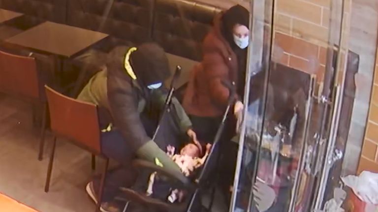 CCTV footage of Constance Marten, Mark Gordon and baby Victoria in a German doner kebab shop in East Ham.
Pic: PA
