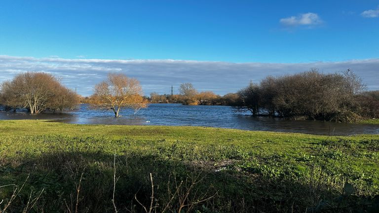 Fields on the banks of the Thames, near Chertsey, remain flooded 
