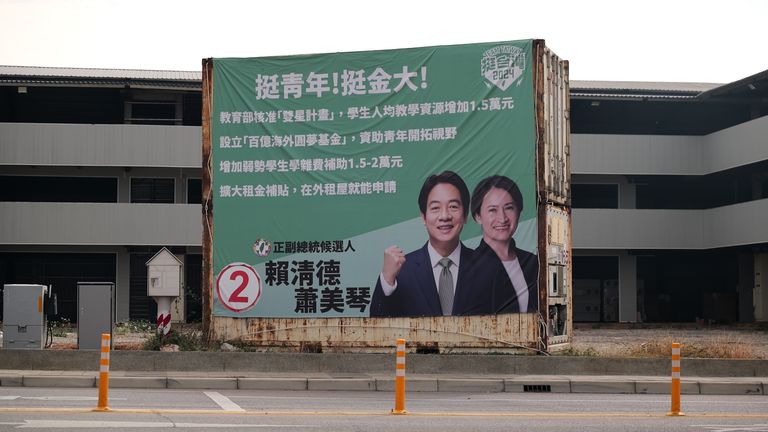 Taiwan&#39;s current vice president and DPP candidate for president Lai Ching-te alongside his running mate Hsiao Bi-khim on a campaign poster on display in the Kinmen Islands 