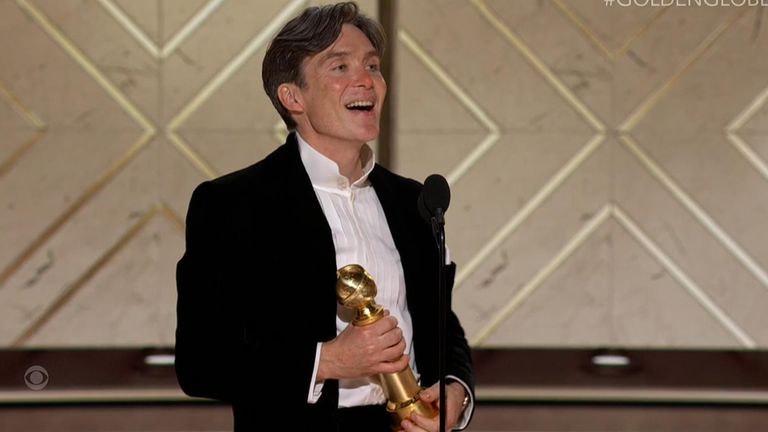 Cillian Murphy wins best actor for his performance in Oppenheimer at the 2024 Golden Globes. Pic: CBS
