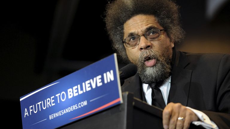 Activist Cornel West introduces U.S. Democratic presidential candidate Bernie Sanders (not shown) at a campaign rally in Cedar Rapids, Iowa January 30, 2016. REUTERS/Mark Kauzlarich
