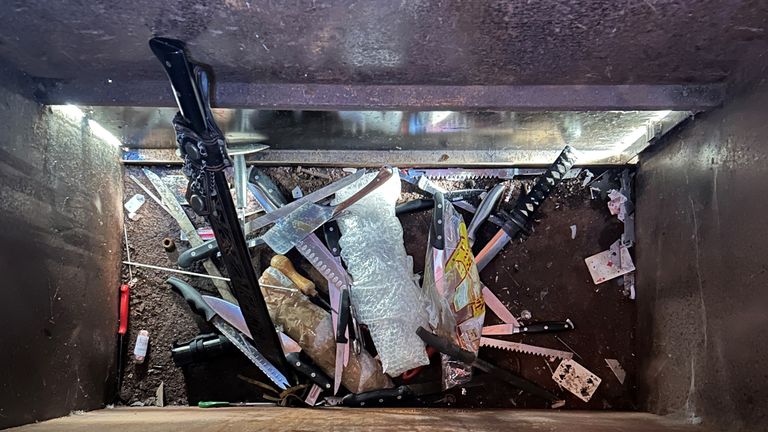 The contents of a knife bin outside Chelmsford Crown Court.
Pic:PA