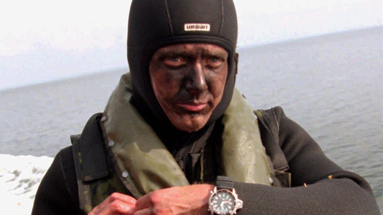 Crown Prince Frederik takes part in a military drill with the Danish navy&#39;s elite Frogmen Corps in October 1995. Pic: AP
