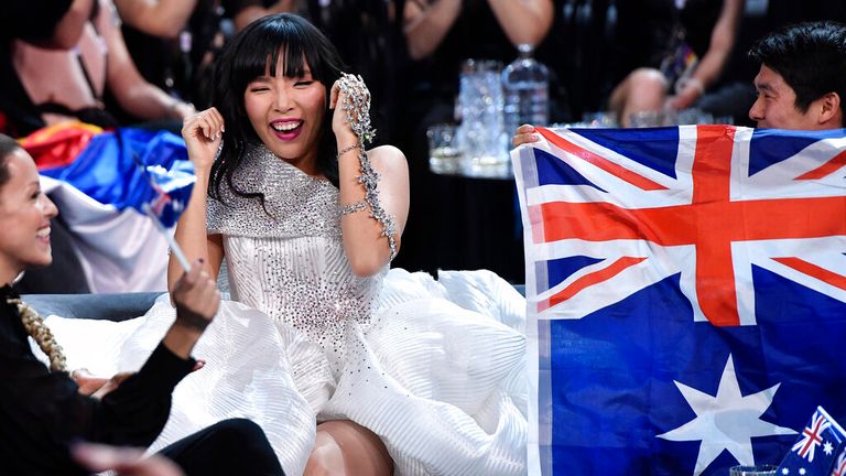 Australian Dami Im laughs during the second semifinal of the Eurovision Song Contest in Stockholm, Sweden, Thursday, May 12, 2016. (AP Photo/Martin Meissner)
