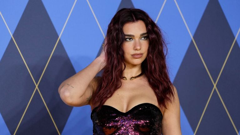 Dua Lipa poses for photographers upon arrival at the World premiere of the film 'Argylle' on Wednesday, Jan. 24, 2024 in London. (Scott A Garfitt/Invision/AP)
