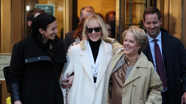 E. Jean Carroll and her attorneys Shawn Crowley and Roberta Kaplan walk outside the Manhattan Federal Court, after the verdict in the second civil trial after she accused former U.S. President Donald Trump of raping her decades ago, in New York City, U.S., January 26, 2024. REUTERS/Brendan Mcdermid
