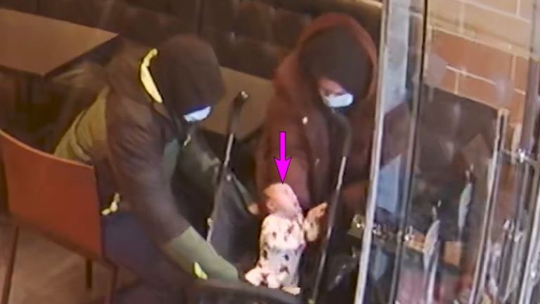CCTV footage of Constance Marten, Mark Gordon and baby Victoria in a German doner kebab shop in East Ham.
Pic: PA
