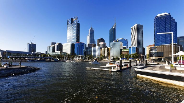 City skyline seen from Elizabeth Quay, Perth, Western Australia. December 2016 | usage worldwide Photo by: paul mayall/picture-alliance/dpa/AP Images


