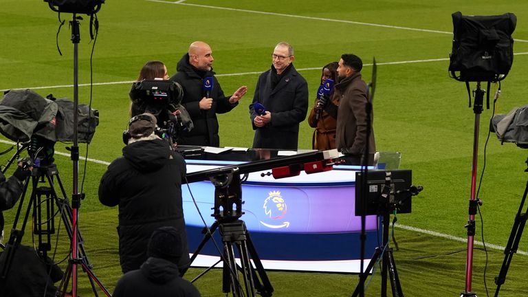 Manchester City manager Pep Guardiola is interviewed by Amazon&#39;s Kelly Somers, Martin O&#39;Neill, Eniola Aluko and Gael Clichy before the Premier League match at Villa Park, Birmingham. Picture date: Wednesday December 6, 2023.

