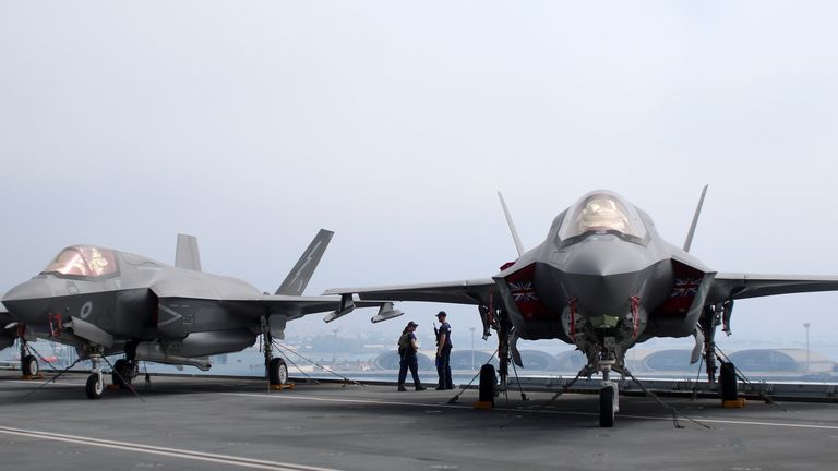 F-35B Lightning II aircraft, seen on the deck of HMS Queen Elizabeth moored in Limassol, Cyprus, in 2021 
