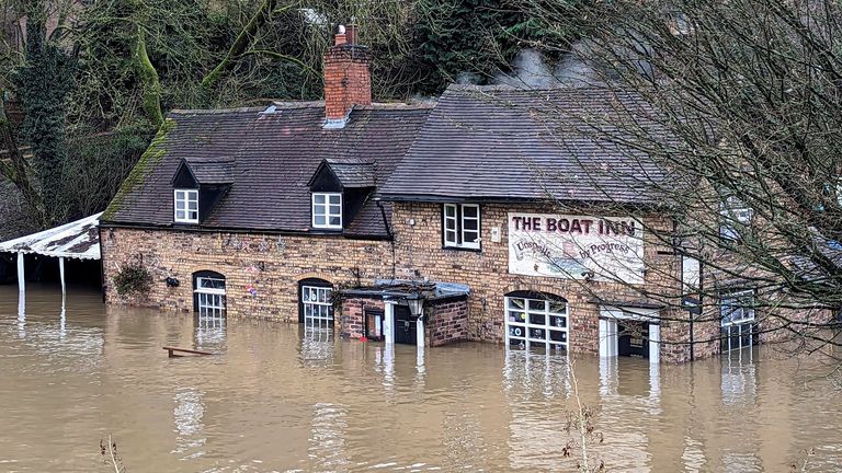 Photo courtesy of Liam Ball of the Boat Inn pub in Shropshire, surrounded by floodwater.