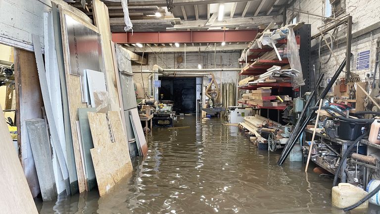 Flood water inside a furniture workshop in Newark-on-Trent, Nottinghamshire