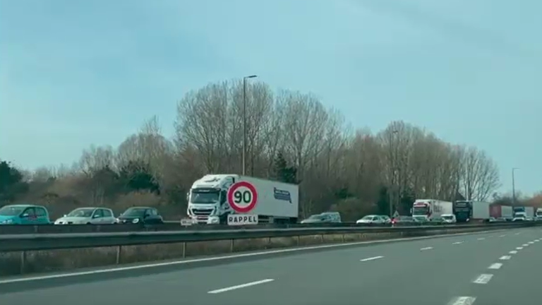 Traffic queues in Calais amid a roadblock by protesting French farmers.