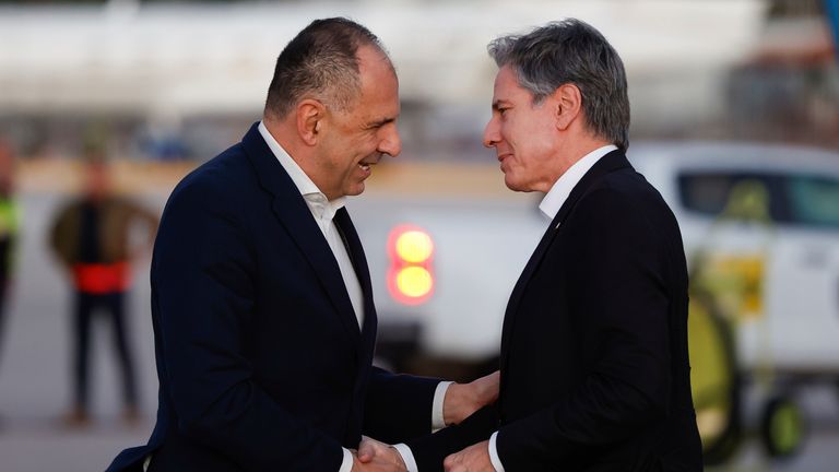 Greek Foreign Minister George Gerapetritis greets Antony Blinken