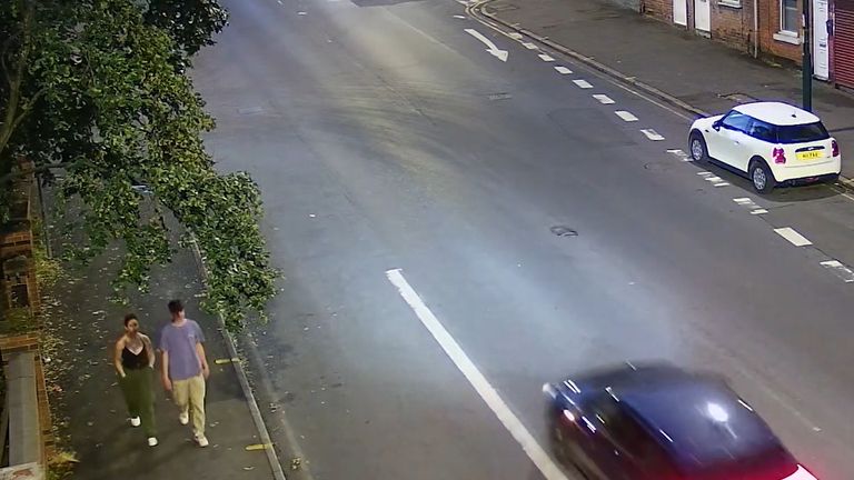 Pic: Nottinghamshire Police/PA
Screen grab taken from CCTV dated 13/06/23 and time stamped at 03.49am issued by Nottinghamshire Police of Grace O&#39;Malley-Kuma- and Baranaby Webber walking home along Ilkeston Road, Notttingham, minutes before they were attacked by Valdo Calocane. 