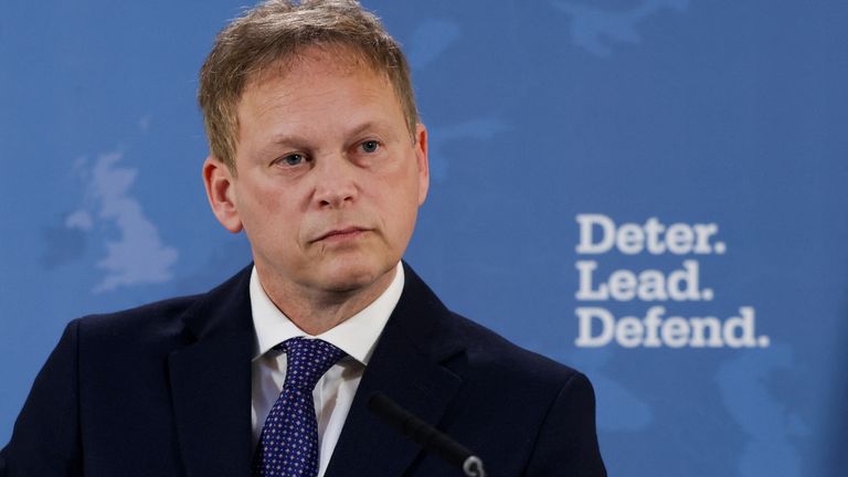Secretary of State for Defence Grant Shapps looks on as he gives a speech at Lancaster House