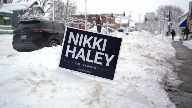 A sign supporting Republican presidential candidate former UN Ambassador Nikki Haley in Iowa Pic: AP