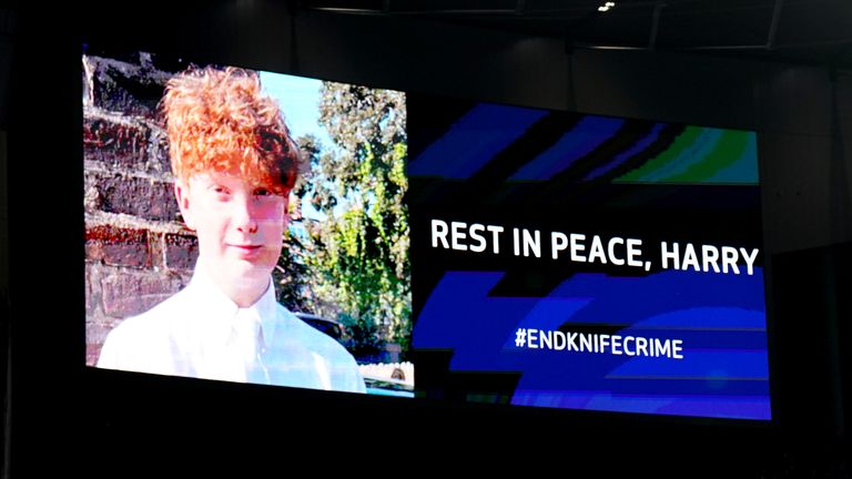 A tribute to 16-year-old Harry Pitman is shown on screen during the FA Cup third-round match between Spurs and Burnley