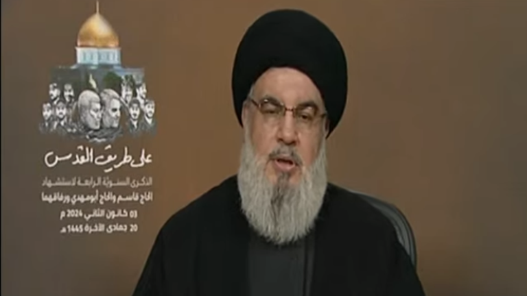  Hassan Nasrallah giving a speech on 3/01/2024. Screengrab