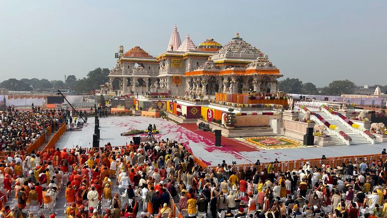 A general view of the audience during the opening of a temple dedicated to Hindu deity Lord Ram, in Ayodhya
Pic: AP