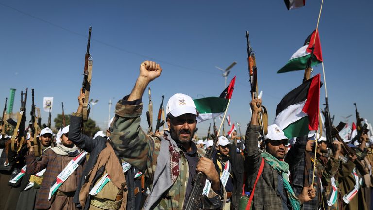 Newly recruited fighters who joined a Houthi military force intended to be sent to fight in support of the Palestinians in the Gaza Strip, march during a parade in Sanaa, Yemen December 2, 2023. REUTERS/Khaled Abdullah