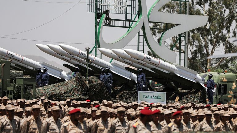 A view of missiles during a military parade held by the Houthis to mark the anniversary of their takeover in Sanaa, Yemen September 21, 2023. REUTERS/Khaled Abdullah
