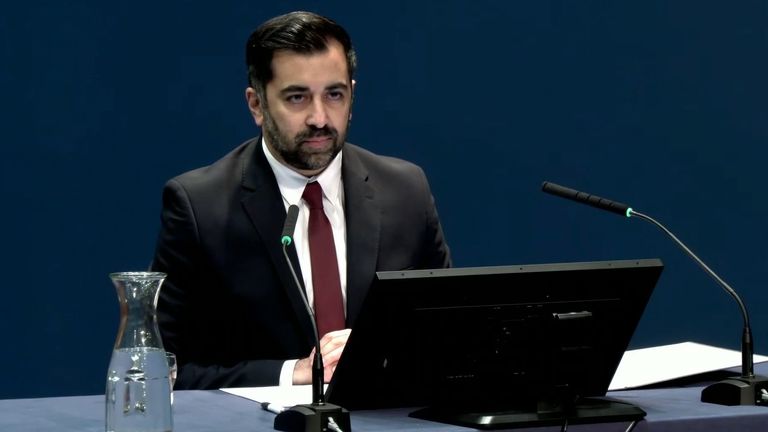 Screen grab from the UK Covid-19 Inquiry live stream of Scottish First Minister Humza Yousaf giving evidence to the UK Covid-19 Inquiry hearing at the Edinburgh International Conference Centre (EICC), during its second investigation (Module 2) exploring core UK decision-making and political governance. Issue date: Thursday January 25, 2024.