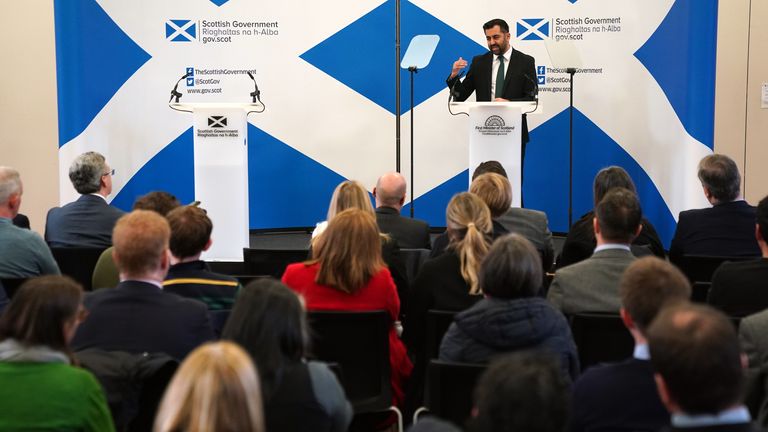 First Minister Humza Yousaf delivers a speech on the Scottish economy and independence, at the University of Glasgow, during the first in a series of events as he sets out his party&#39;s case ahead of the next general election. Picture date: Monday January 8, 2024.