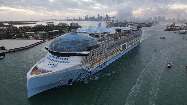 Icon of the Seas sails past Fisher Island and Miami Beach. Pic: AP