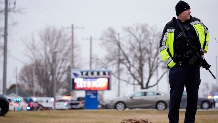 Police respond to Perry High School in Perry, Iowa., Thursday, Jan. 4, 2024. Police say there has been a shooting at the city&#39;s high school.(AP Photo/Andrew Harnik)