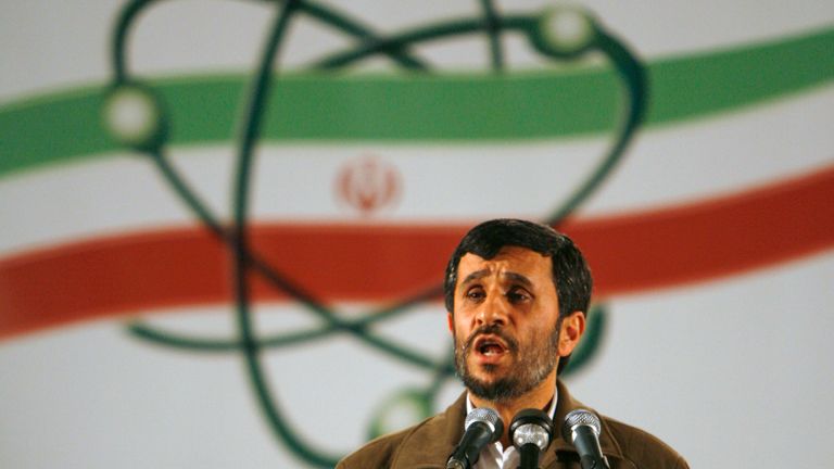 Iran&#39;s President Mahmoud Ahmadinejad speaks during a ceremony at the Natanz nuclear enrichment facility, 350 km (217 miles) south of Tehran, April 9, 2007. Iran announced on Monday it had begun industrial-scale nuclear fuel production in a fresh snub to the U.N. Security Council, which has imposed two rounds of sanctions on it for refusing to halt such work. REUTERS/Caren Firouz (IRAN)
