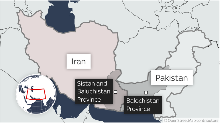 A map showing the cross border regions of Baluchistan in Iran and Pakistan