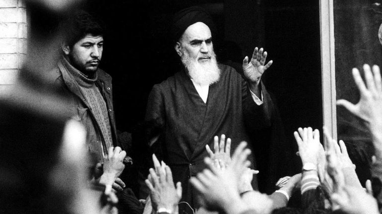 FILE PHOTO OF FEBRUARY 1979 - The late leader and founder of the Islamic revolution Ayatollah Khomeini speak from a balcony of the Alavi school in Tehran during the country&#39;s revolution in February 1979. Iraninans celebrate the 20th anniverssary of the Revolution this week. DS/WS
