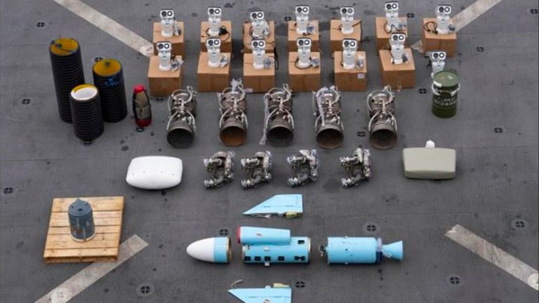 Iranian-made missile components bound for Yemen&#39;s Houthi seized off a vessel in the Arabian Sea
Pic: U.S. Central Command/AP