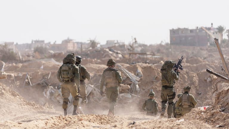 Israeli soldiers take up positions during a ground operation in Khan Younis, Gaza
Pic:AP