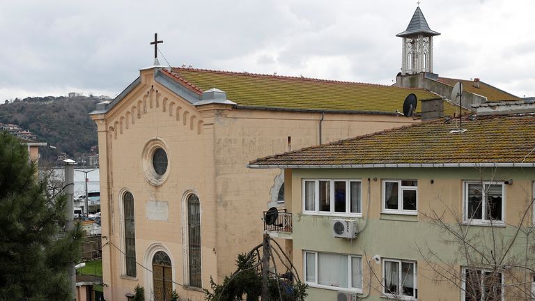 The Italian Santa Maria Catholic Church is pictured after two masked gunmen were shooting during Sunday service, in Istanbul, Turkey January 28, 2024. REUTERS/Dilara Senkaya