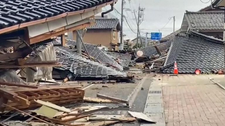 Buildings destroyed by 7.6-magnitude quake in Japan