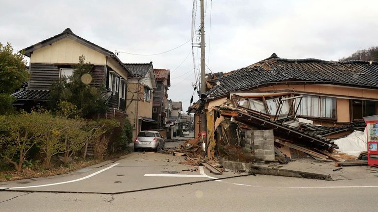 Buildings collapse after an earthquake in Wajima City, Ishikawa Prefecture, Japan. Pic: AP