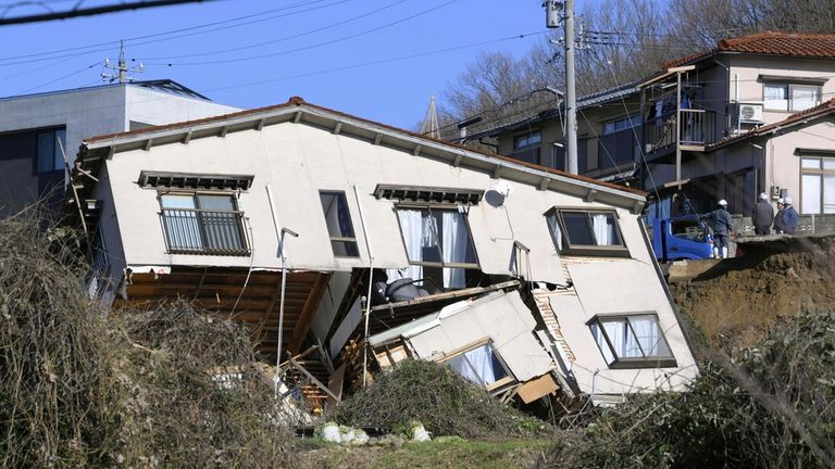 Photo taken on Jan. 2, 2024, shows a collapsed house in Kanazawa in the central Japan prefecture of Ishikawa following a strong earthquake that rocked a wide area on the Sea of Japan coast the previous day. (Kyodo via AP Images) ==Kyodo