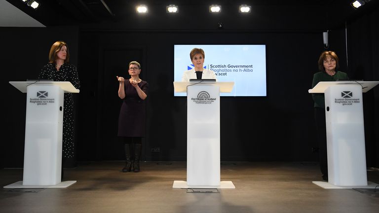 (left to right) Chief Medical Officer Dr Catherine Calderwood, Scotland&#39;s First Minister Nicola Sturgeon and Scotland&#39;s Health Secretary Jeane Freeman hold a briefing on the coronavirus COVID-19 outbreak in Edinburgh.