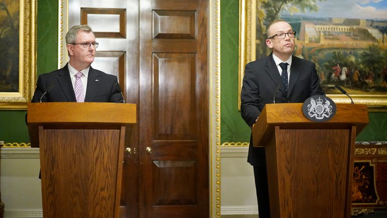 Northern Ireland Secretary Chris Heaton-Harris (right) and DUP leader Sir Jeffery Donaldson announced the deal on Wednesday. Pic: PA
