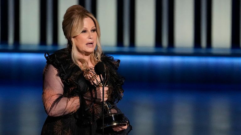 Jennifer Coolidge accepts the award for outstanding supporting actress in a drama series for "The White Lotus" during the 75th Primetime Emmy Awards on Monday, Jan. 15, 2024, at the Peacock Theater in Los Angeles. (AP Photo/Chris Pizzello)