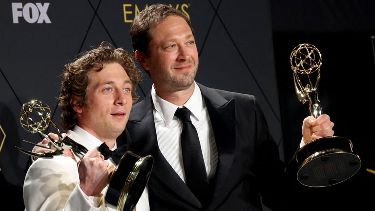 Jeremy Allen White poses with the Lead Actor in a Comedy Series award, as Ebon Moss-Bachrach poses with the Supporting Actor in a Comedy Series award for "The Bear" at the 75th Primetime Emmy Awards in Los Angeles, California, U.S., January 15, 2024. REUTERS/Aude Guerrucci
