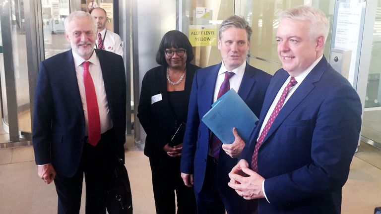 (Left-right) Labour leader Jeremy Corbyn, Labour Shadow Home Secretary Diane Abbott, Sir Keir Starmer and First Minister of Wales Carwyn Jones at EU headquarters in Brussels.
Pic: PA