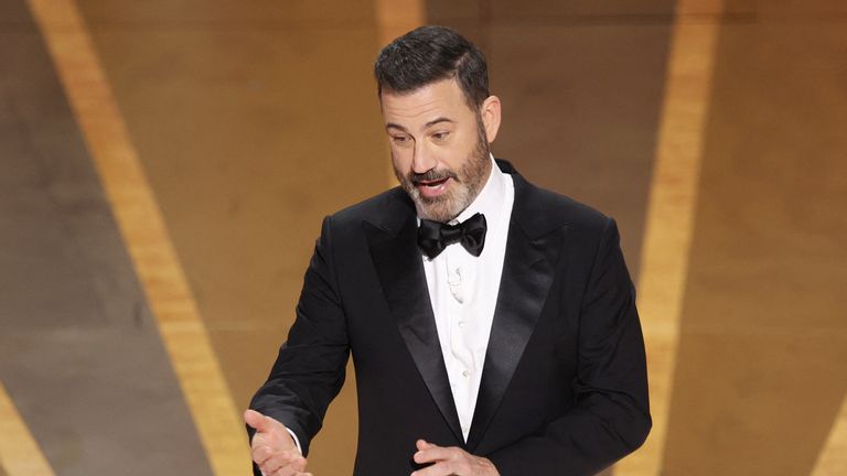 Jimmy Kimmel hosts the Oscars show at the 95th Academy Awards in Hollywood, Los Angeles, California, U.S., March 12, 2023. REUTERS/Carlos Barria