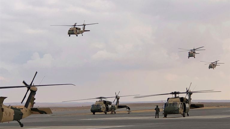 US helicopters in Jordan during previous drills at a military base. Pic: AP
